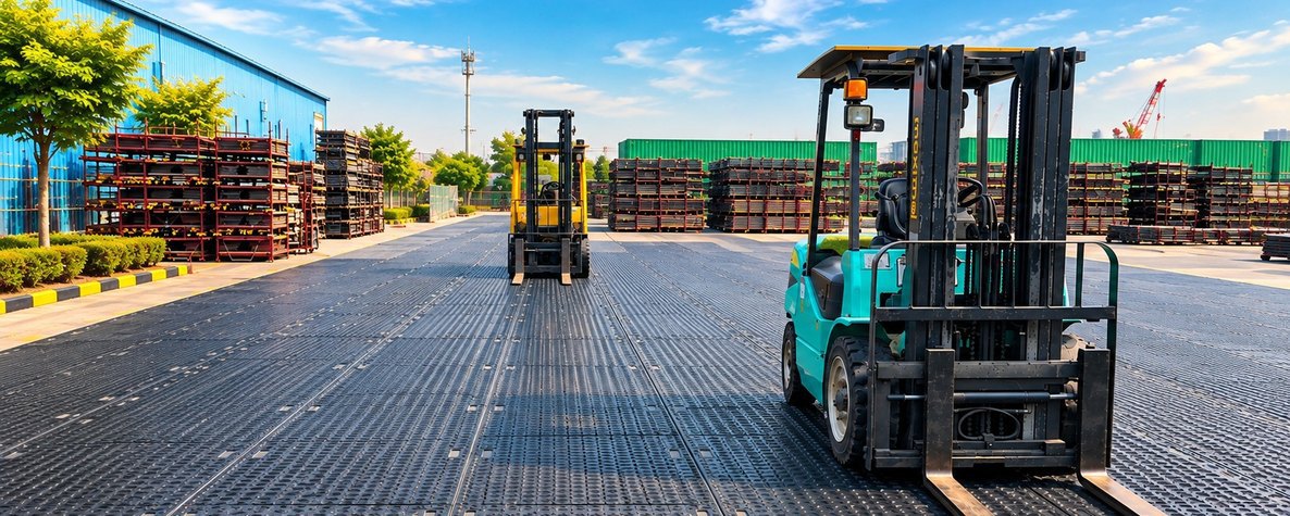 HDPE ground-protection trackway with a forklift