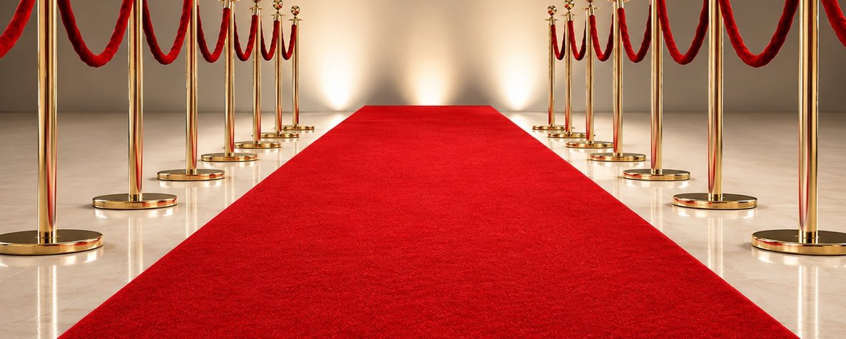 Gold stanchions with red velvet rope along a red carpet