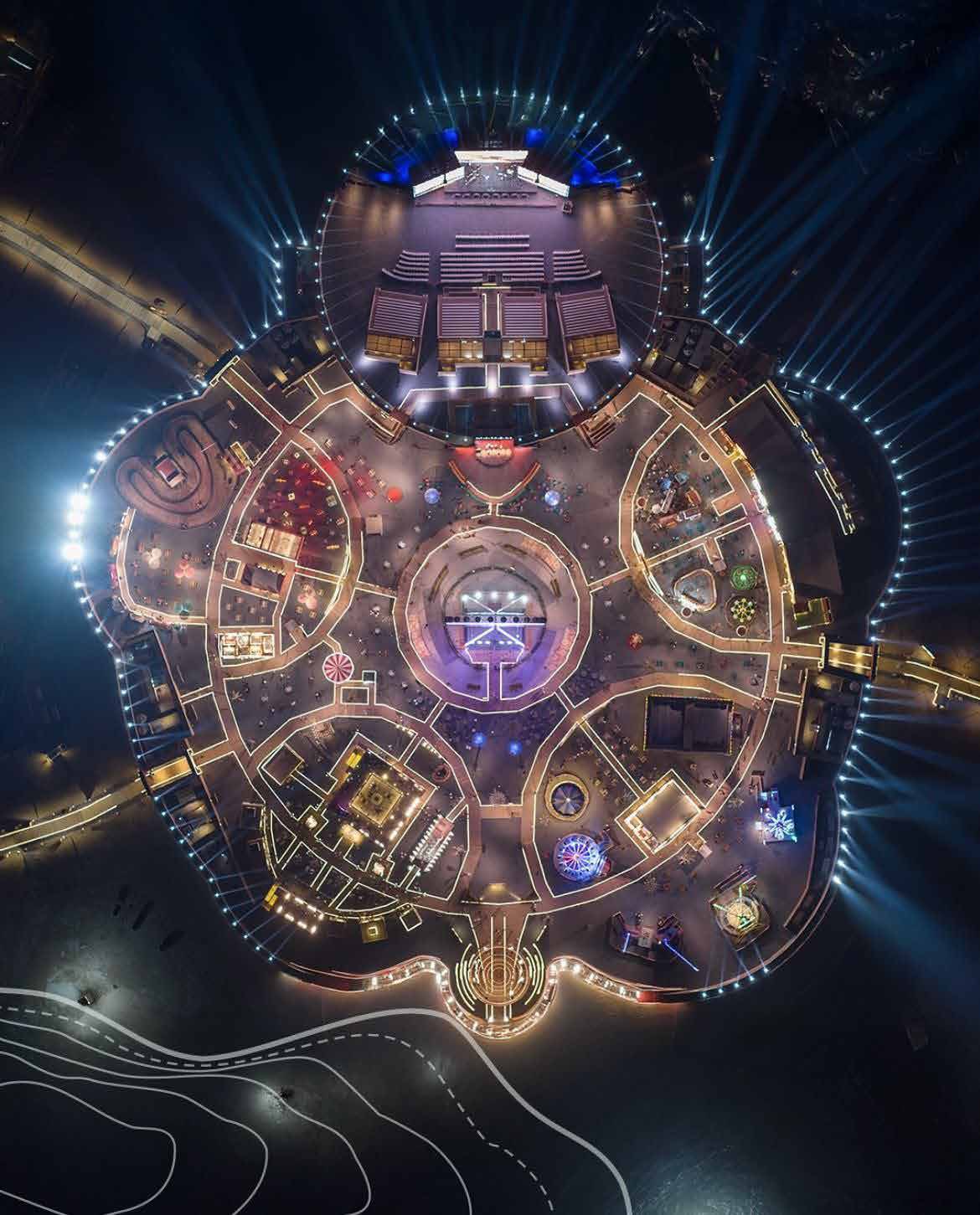 Aerial view of a complete event site built by Apex Events