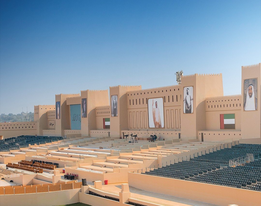 Ceremonial seating and structures at Union Parade 2025, Al Wathba, Abu Dhabi