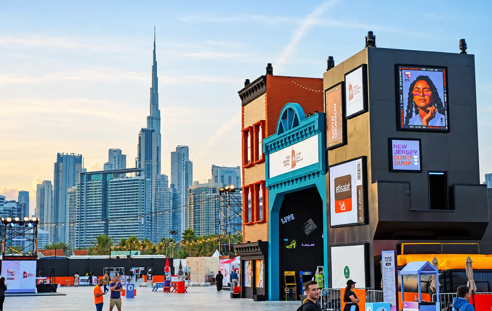 Colourful event structures at MOTB Season with the Dubai skyline and Burj Khalifa